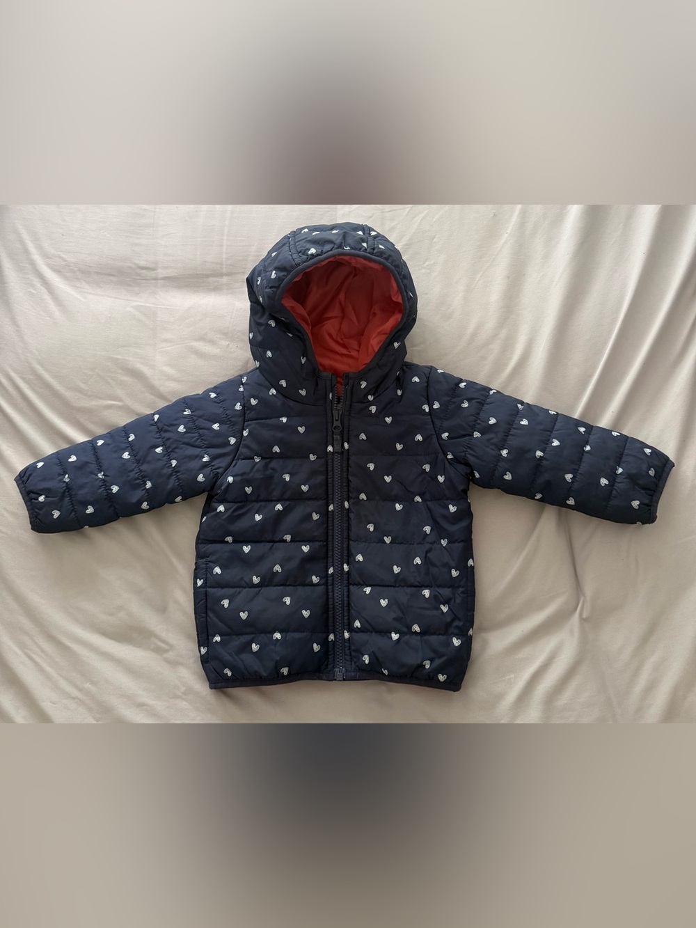 Carter's Navy Puffer Jacket with White Heart Print and Coral Lining 18 Months